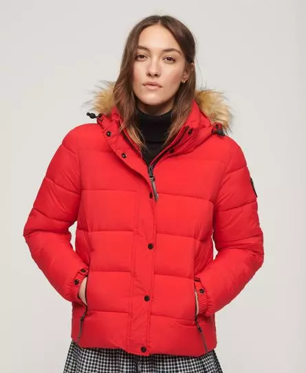 Superdry Women's Faux Fur Short Hooded Puffer Jacket Red / High Risk Red -