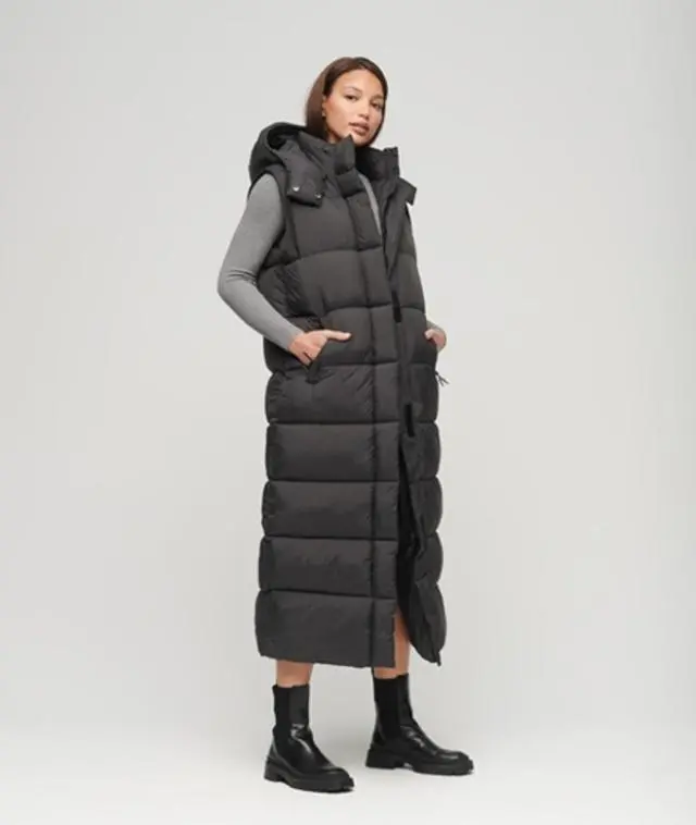 Superdry & Co Women's Hooded Ripstop Long Gilet Black / Black Grid - 