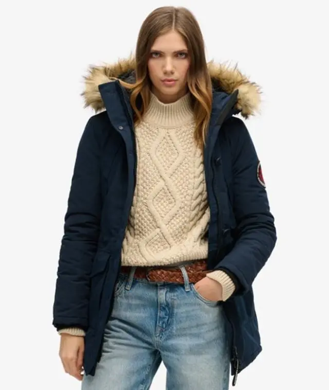 Superdry & Co Women's Everest Classic Logo Patch Faux Fur Hooded Parka Coat, Navy Blue, 