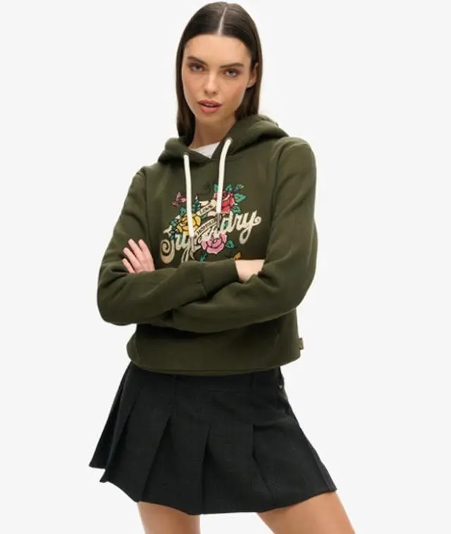 Superdry Women's Tattoo Script Graphic Hoodie Green / Surplus Goods Olive Green - 