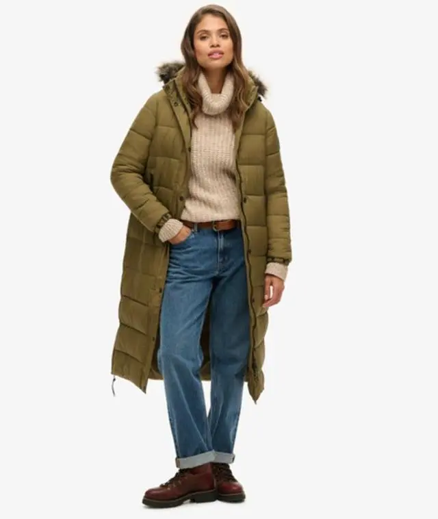 Superdry Women's Faux Fur Hooded Long Puffer Coat Green / Military Olive - 