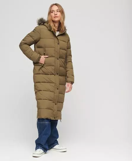 Superdry Women's Faux Fur Hooded Longline Puffer Coat Green / Military Olive - 
