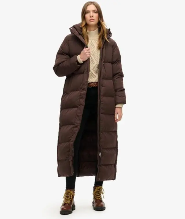 Superdry Women's Classic Maxi Hooded Puffer Coat, Dark Brown, 