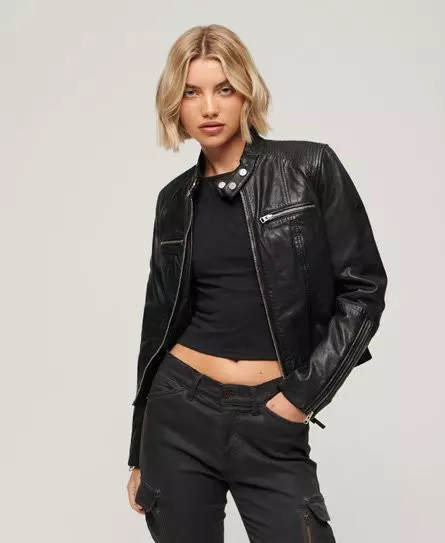 Superdry Women's Fitted Leather Racer Jacket Black -
