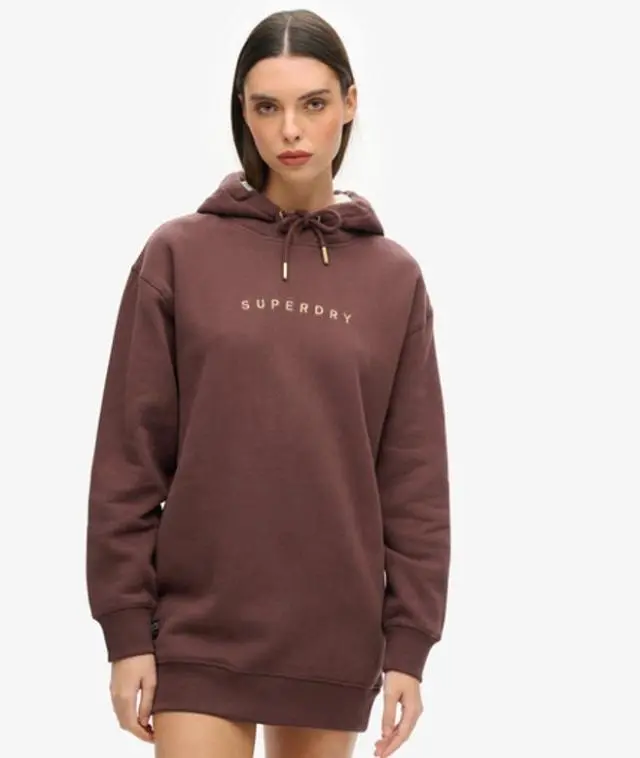 Superdry & Co Women's Classic Logo Luxe Metallic Hoodie Dress, Dark Brown, 
