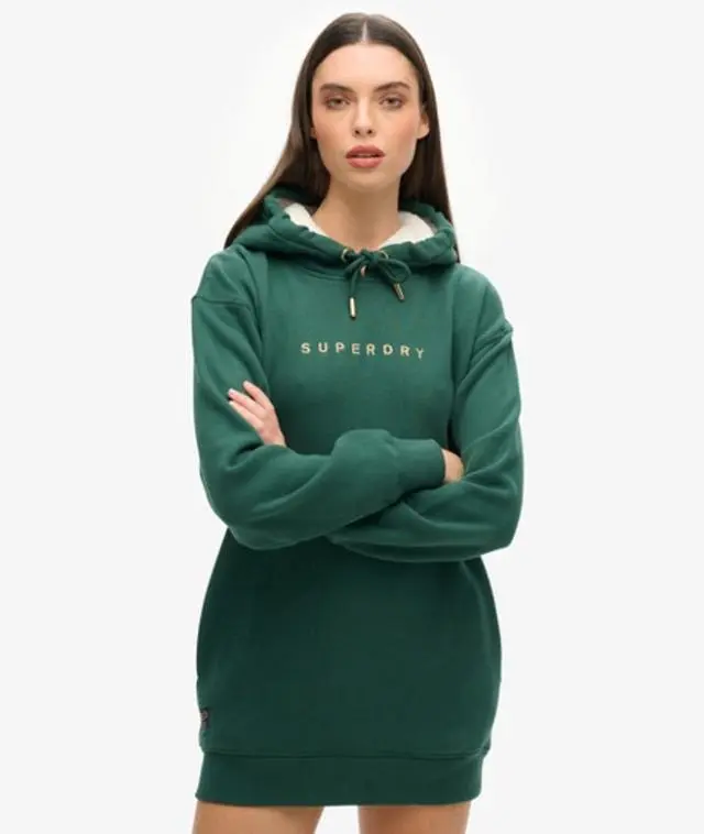 Superdry & Co Women's Classic Metallic Logo Luxe Hoodie Dress, Dark Green, 