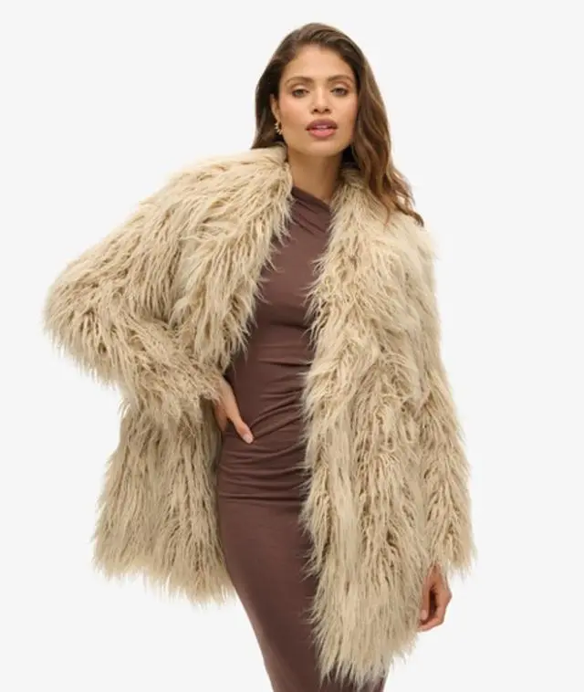 Superdry & Co Women's Mid Length Faux Fur Coat Beige / Biscuit Cream Afghan Fur - 