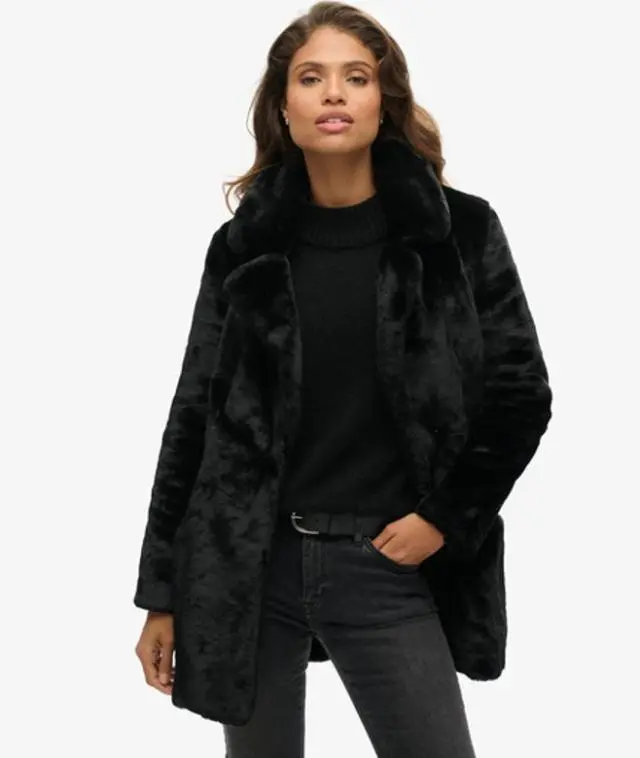 Superdry Women's Vintage Mid Faux Fur Coat Black - 