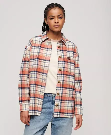 Superdry Women's Check Flannel Overshirt Cream / Ivory & Coral Check -