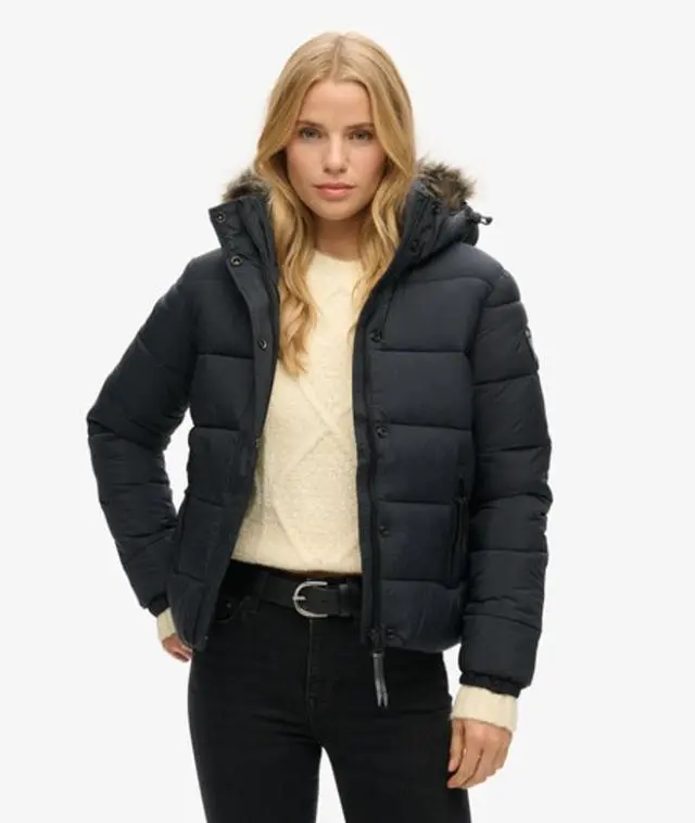 Superdry Women's Faux Fur Short Hooded Puffer Jacket Black / Jet Black - 