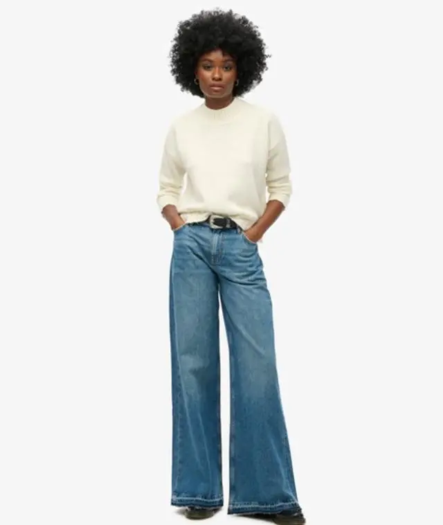 Superdry & Co Women's Raw Hem Wide Leg Flare Jeans Blue / Wheeler Vintage Blue - 