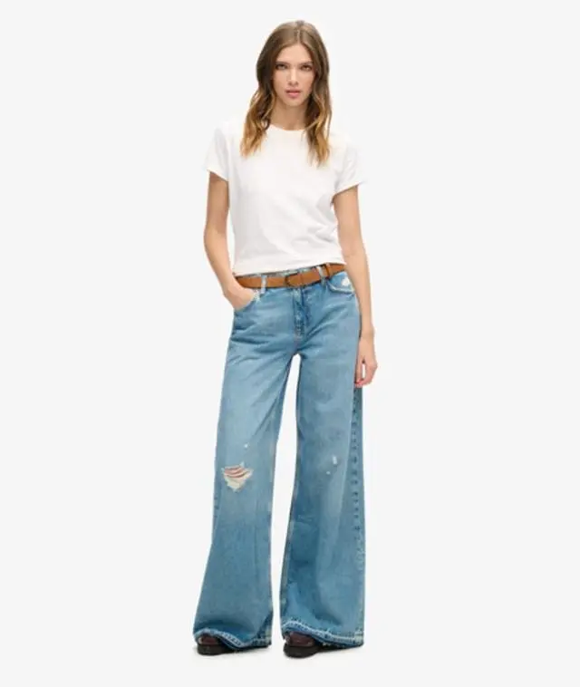 Superdry & Co Women's Raw Hem Wide Leg Flare Jeans Blue / Sun Beach Blue - 