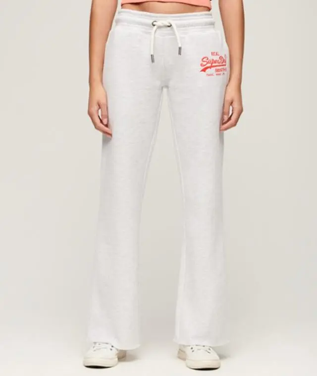 Superdry Ladies Classic Embroidered Neon Vintage Logo Low Rise Flare Joggers, Light Grey, 