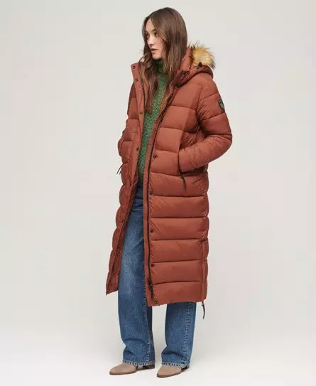 Superdry Women's Faux Fur Hooded Longline Puffer Coat Brown / Bisque Brown -