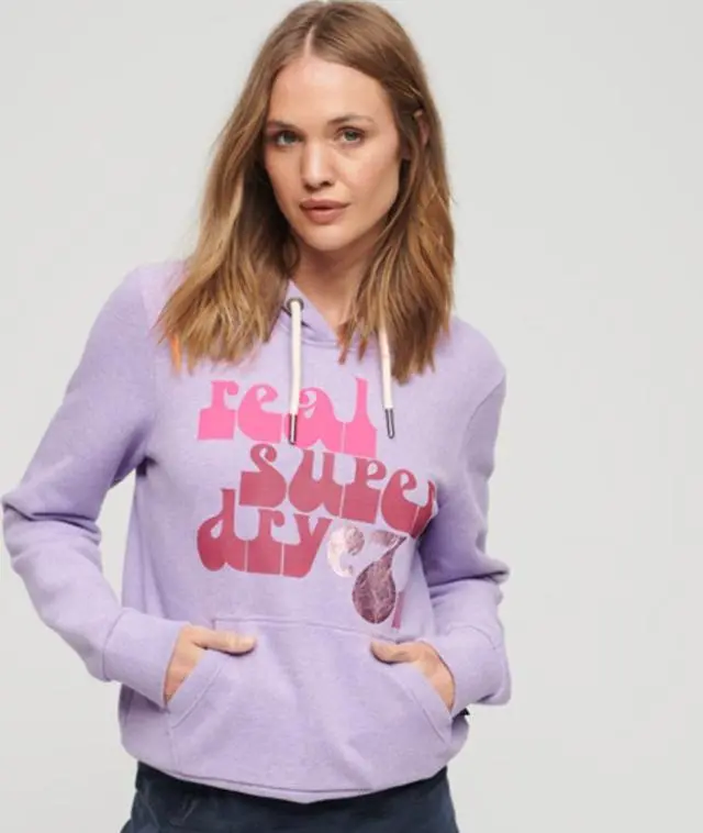 Superdry Ladies Classic 70s Retro Font Graphic Hoodie, Purple, 