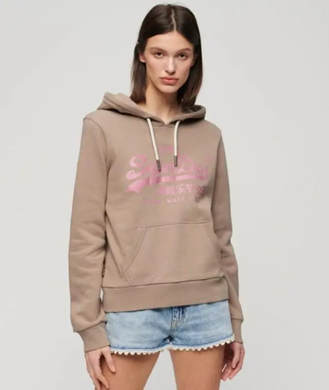 Superdry & Co Women's Metallic Vintage Logo Graphic Hoodie Beige / Deep Beige Slub - 