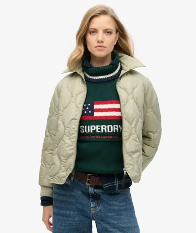 Superdry Ladies Lightweight Quilted Studios Cropped Liner Jacket, Green, 