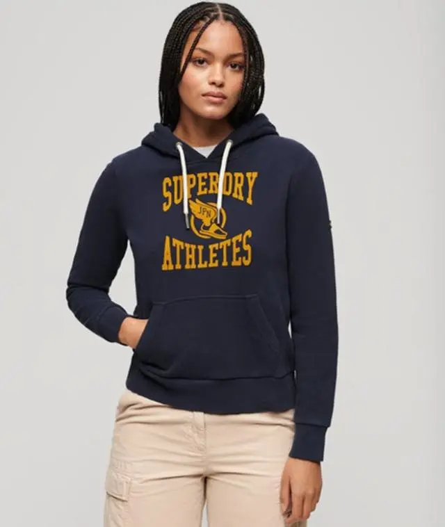 Superdry & Co Ladies Classic Varsity Flocked Graphic Hoodie, Navy Blue, 