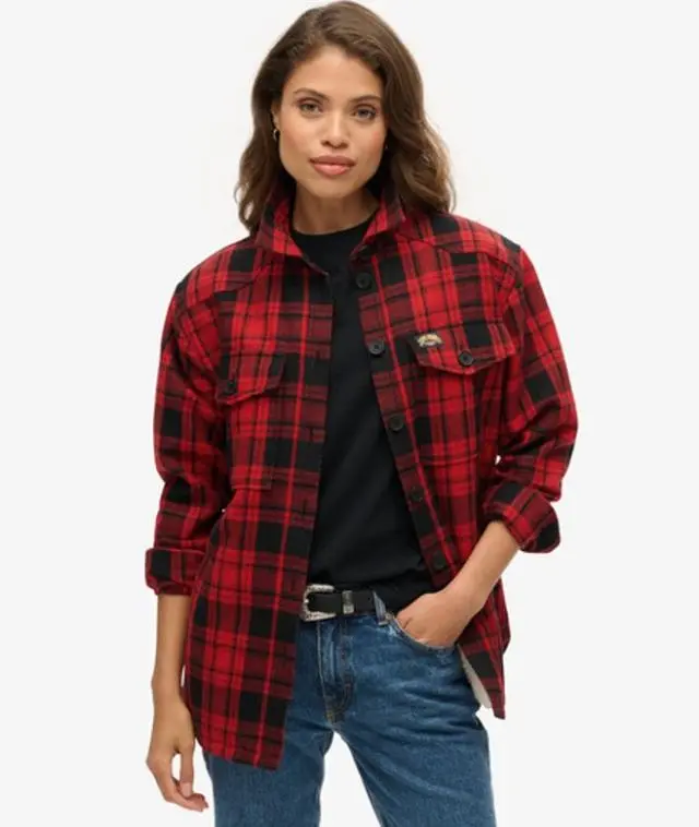 Superdry & Co Ladies Classic Embroidered Logo Borg Check Overshirt, Red, 