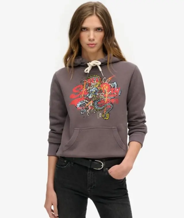 Superdry Women's Tokyo Vintage Logo Graphic Hoodie Grey / Rock Dark Grey - 