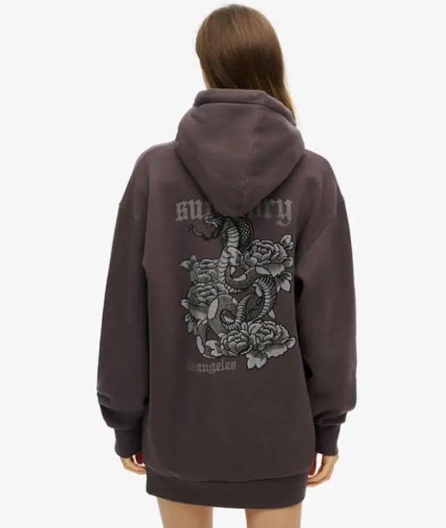 Superdry & Co Ladies Graphic Print Tattoo Rhinestone Hooded Dress, Black, 