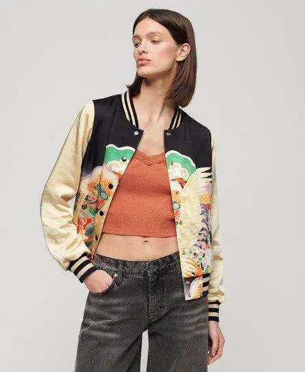 Superdry Ladies Classic Embroidered Logo Suikajan Printed Bomber Jacket, Black, Green and Blue, 