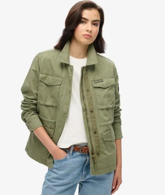 Superdry & Co Ladies Classic Logo Patch Military M65 Jacket, Khaki, 
