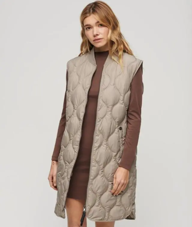 Superdry Ladies Quilted Studios Long Liner Gilet, Beige, 