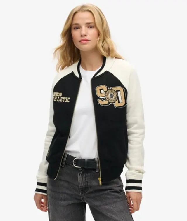 Superdry Ladies Lightweight Graphic Embroidered College Jersey Bomber, Black and Off White, 