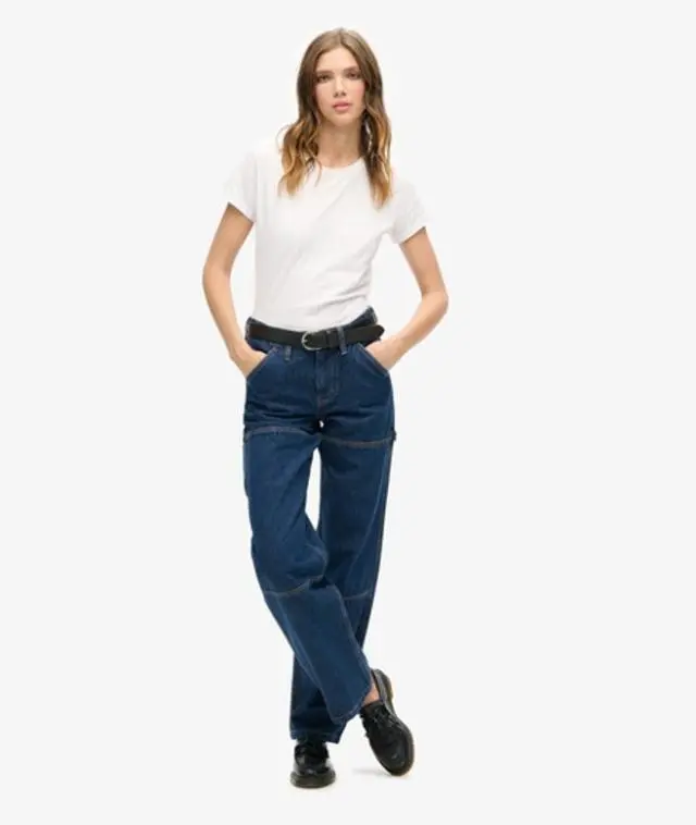Superdry Women's Organic Cotton Mid Rise Denim Carpenter Jeans Dark Blue / Rinse Blue - 