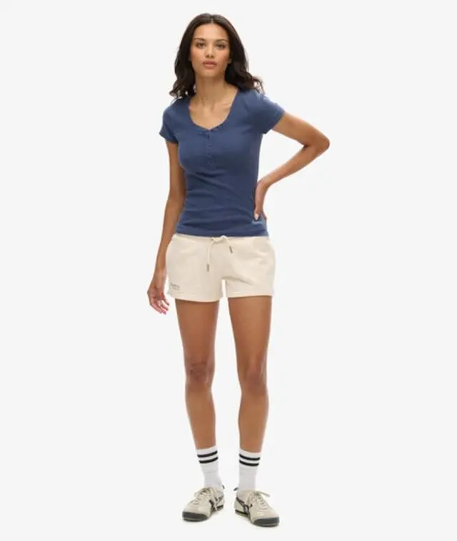 Superdry & Co Ladies Slim Fit Embroidered Logo Essential Shorts, Beige, 