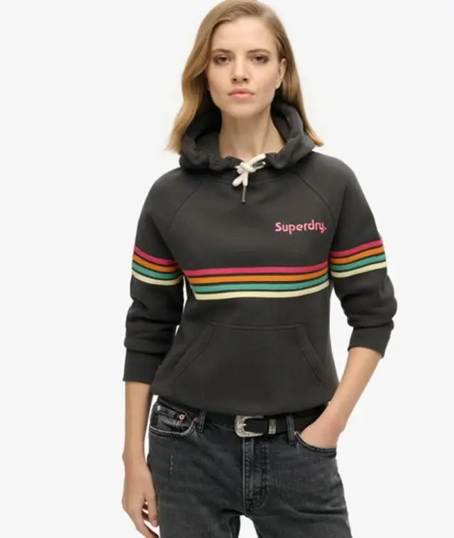 Superdry Women's Rainbow Stripe Logo Hoodie Dark Grey / Washed Black - 