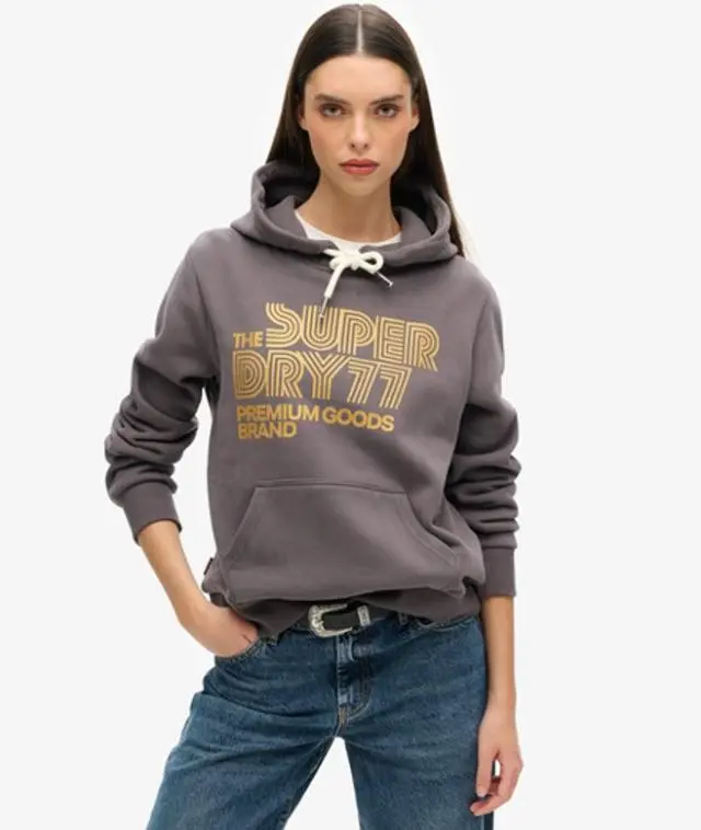 Superdry & Co Ladies Classic Embroidered Logo Retro Glitter Hoodie, Dark Grey, 