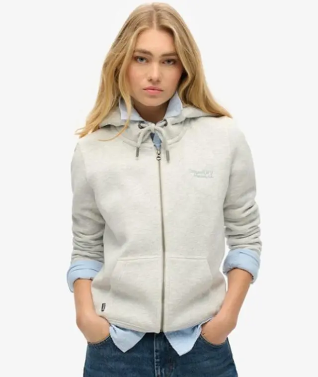 Superdry & Co Ladies Classic Embroidered Logo Essential Zip Hoodie, Grey, 