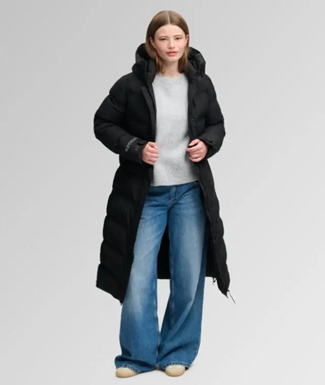 Superdry & Co Ladies Slim Fit Embroidered Logo City Chevron Padded Long Coat, Black, 
