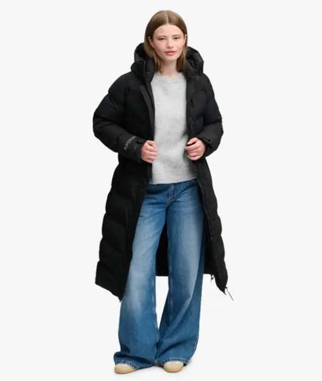 Superdry & Co Ladies Slim Fit Embroidered Logo City Chevron Padded Long Coat, Black, 