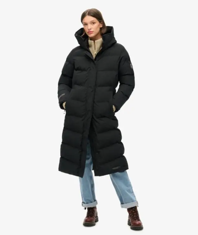 Superdry Ladies Slim Fit Embroidered Logo City Chevron Padded Long Coat, Black, 