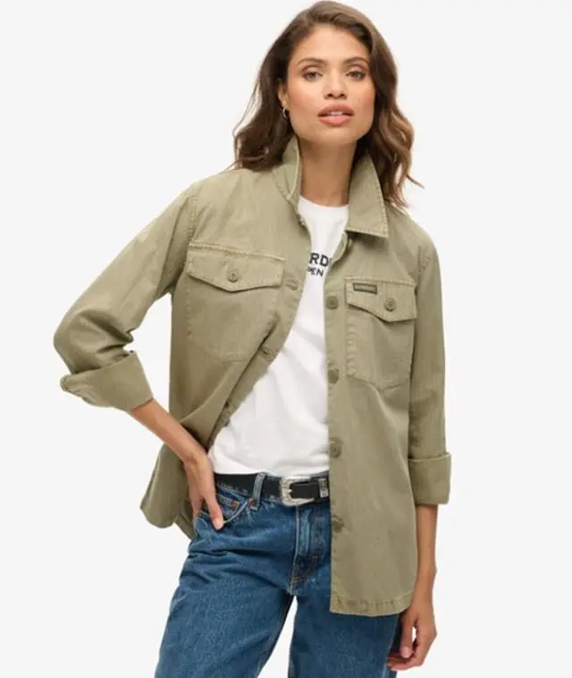 Superdry Ladies Classic Herringbone Military Overshirt, Green, 
