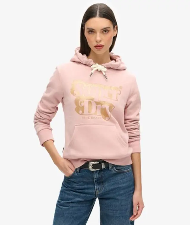 Superdry Ladies Classic Retro Glitter Logo Hoodie, Pink, 