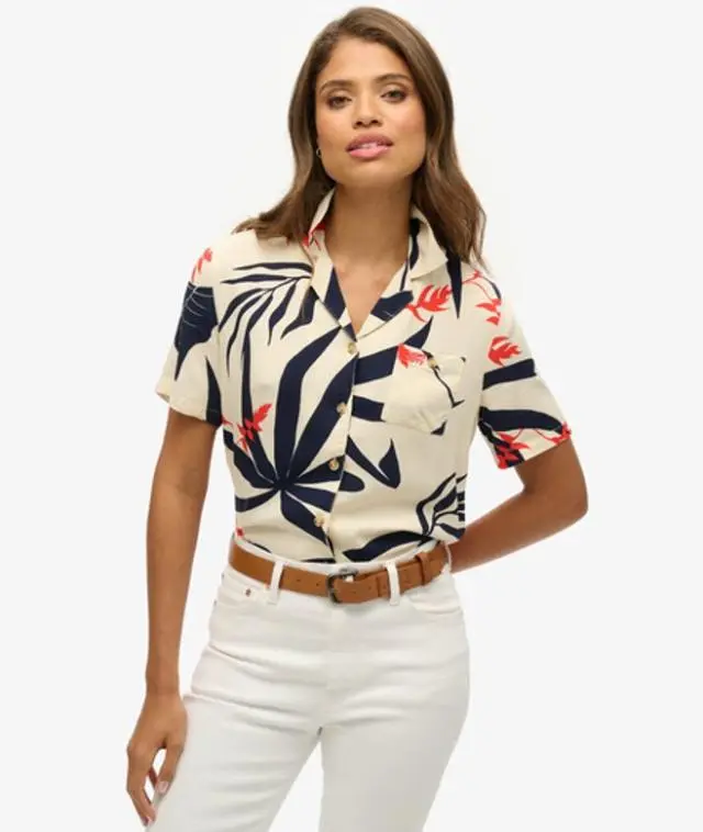 Superdry Women's Beach Resort Shirt Cream / Jungle Silhouette Ecru - 