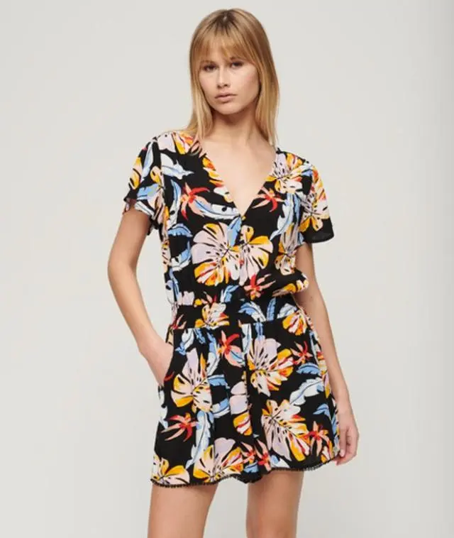 Superdry Women's Short Sleeve Beach Playsuit Black / Watercolour Tropic Orange - 
