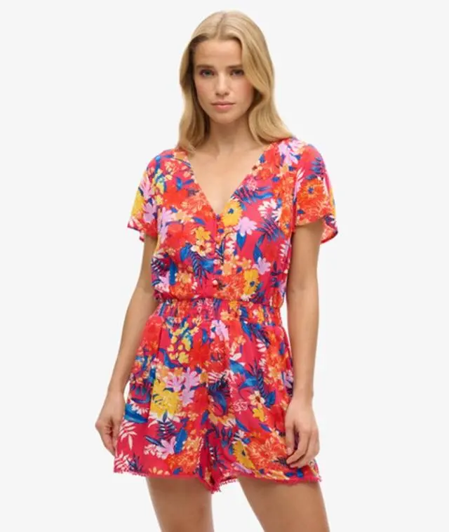 Superdry Women's Floral Print Short Sleeve Beach Playsuit, Pink & Blue, 