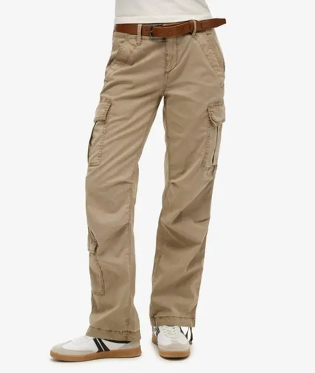 Superdry Ladies Loose Fit Low Rise Straight Cargo Pants, Beige, 