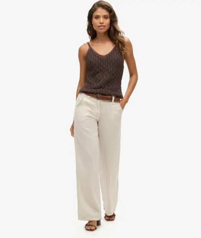 Superdry Women's Linen Low Rise Pants Beige / Light Stone Beige - 