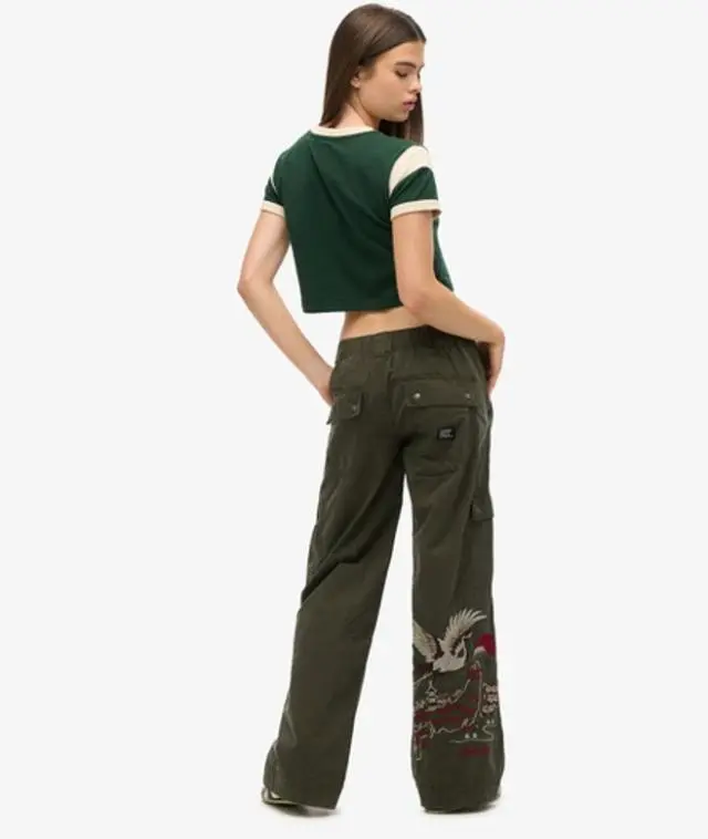 Superdry & Co Women's Low Rise Embroidered Cargo Pants Green / Surplus Goods Olive Green - 