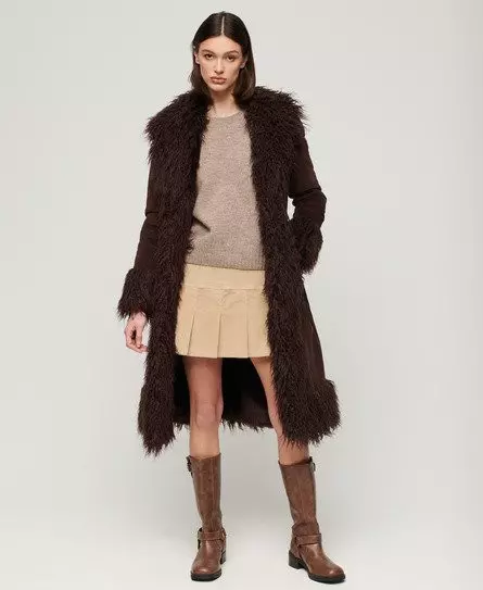 Superdry Women's Faux Fur Lined Longline Afghan Coat Brown / Dark Brown Cord -