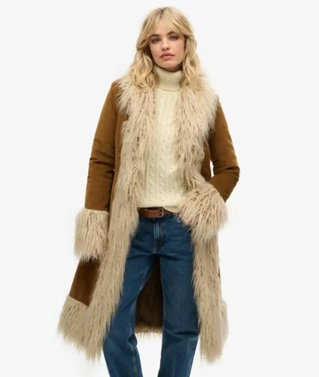 Superdry Women's Faux Fur Lined Longline Afghan Coat Brown / Denim Co Tobacco Brown - 