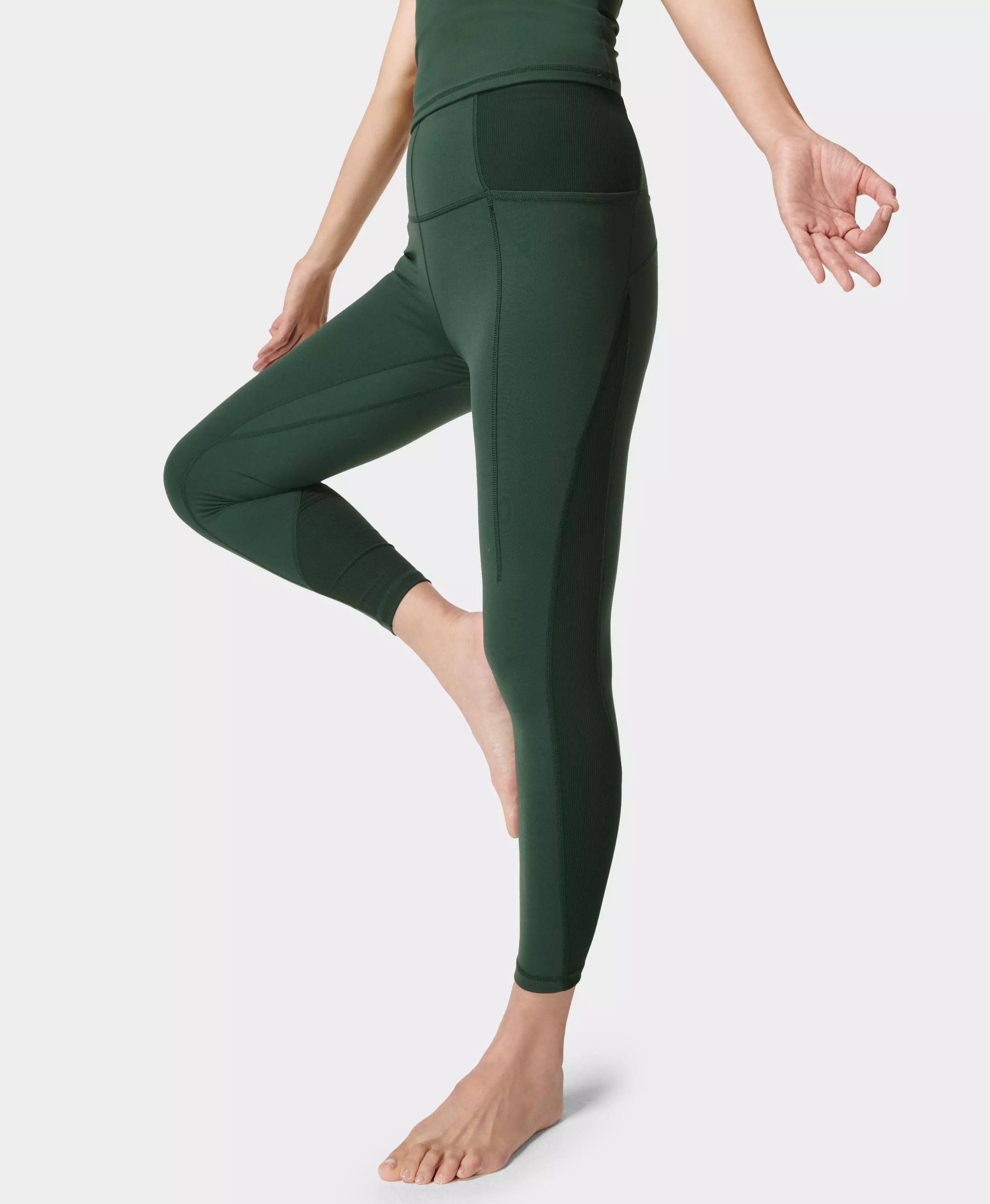Pockets For Women - Sweaty Betty Super Soft Flow Ribbed 7/8 Yoga Leggings,  Green, Women's
