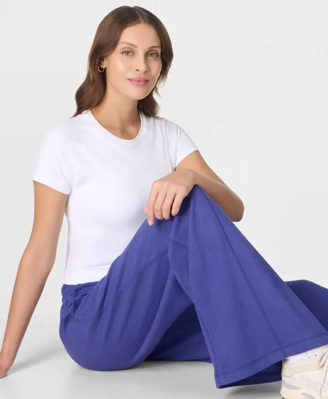 Sweaty Betty Escape Luxe Fleece Ribbed Wide Leg Trousers, Blue