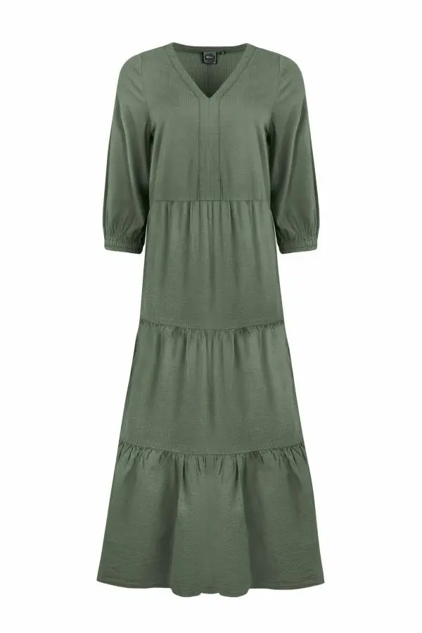 Weird Fish Margo Seersucker Tiered Midi Dress Army Green